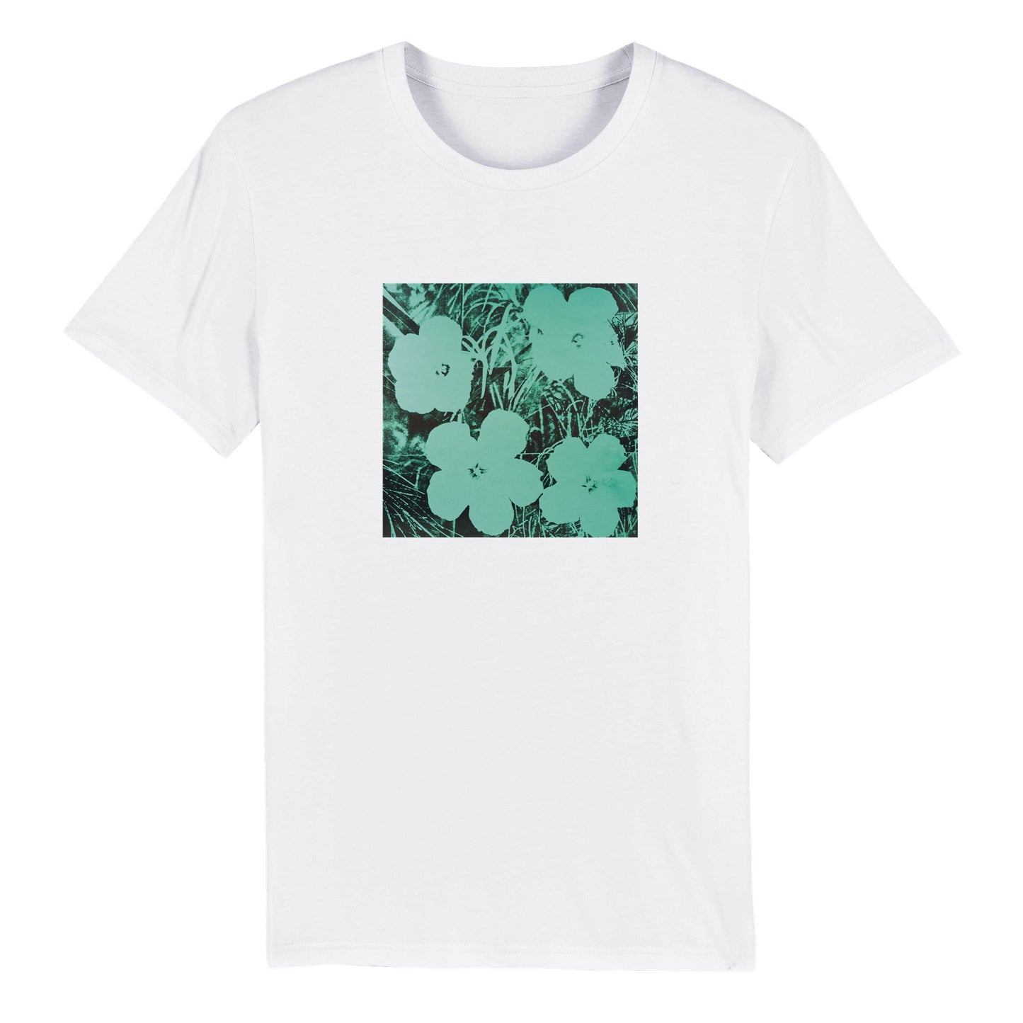 a white t - shirt with green flowers on it