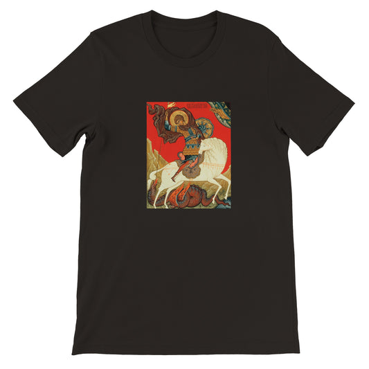 a black t - shirt with a painting of a man riding a horse