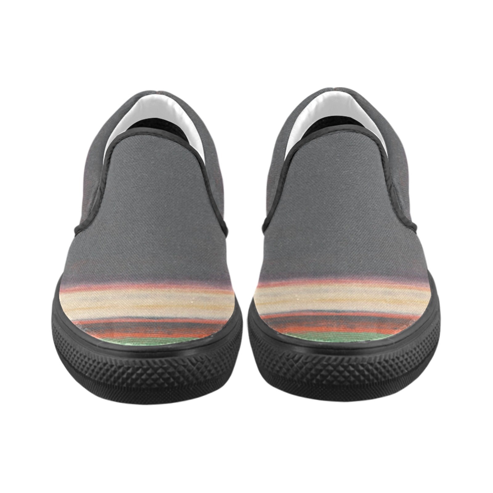 a pair of gray shoes with a multicolored stripe