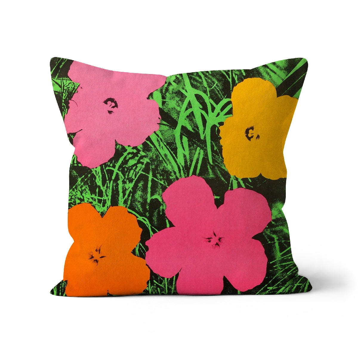 a pillow with flowers on a white background