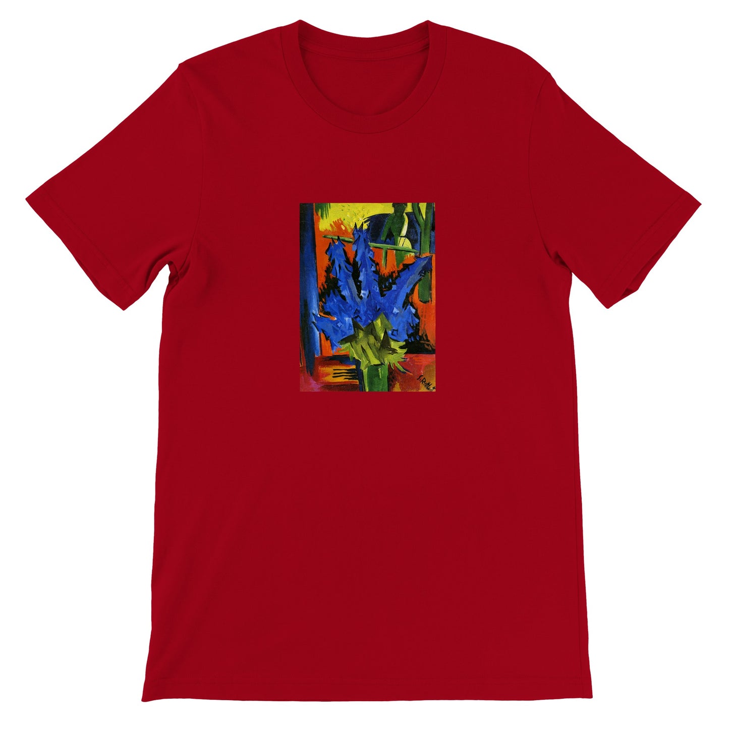 a red t - shirt with blue flowers on it