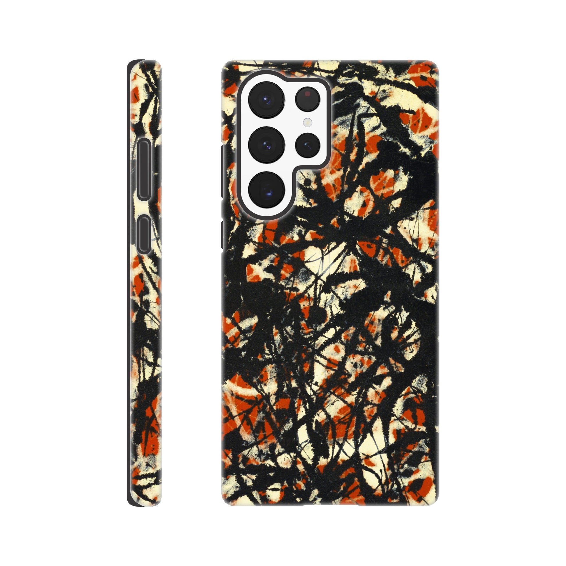 a phone case with an orange and black design
