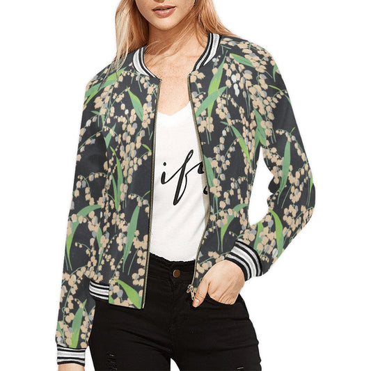 a woman wearing a floral bomber jacket