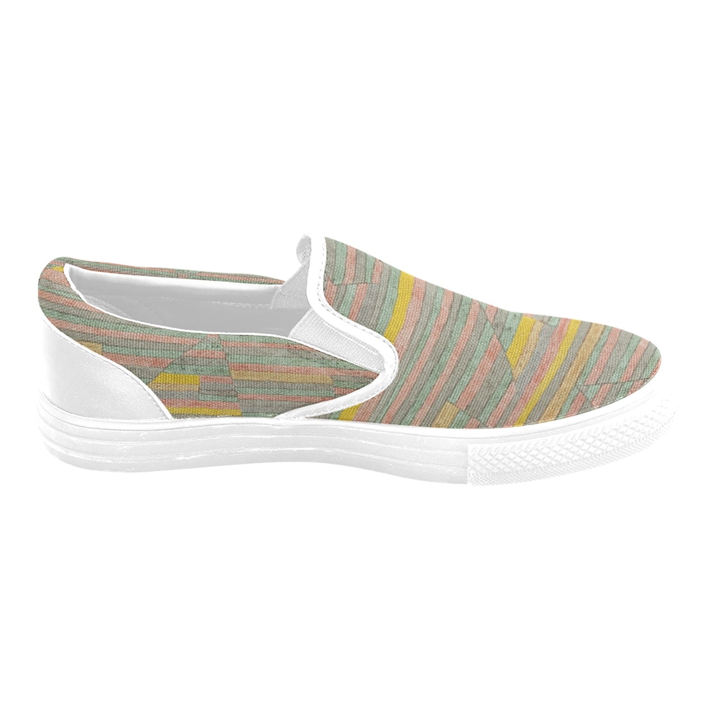 a women's slip on shoe with a multicolored pattern