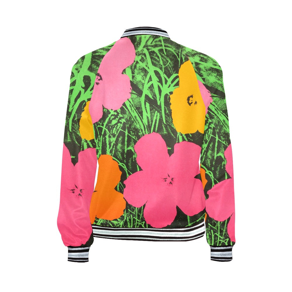 a green and pink jacket with flowers on it