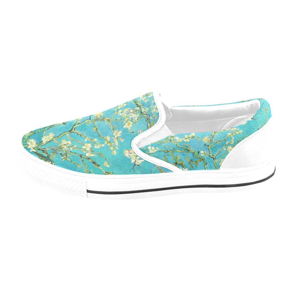 a women's blue and white floral slip on sneakers