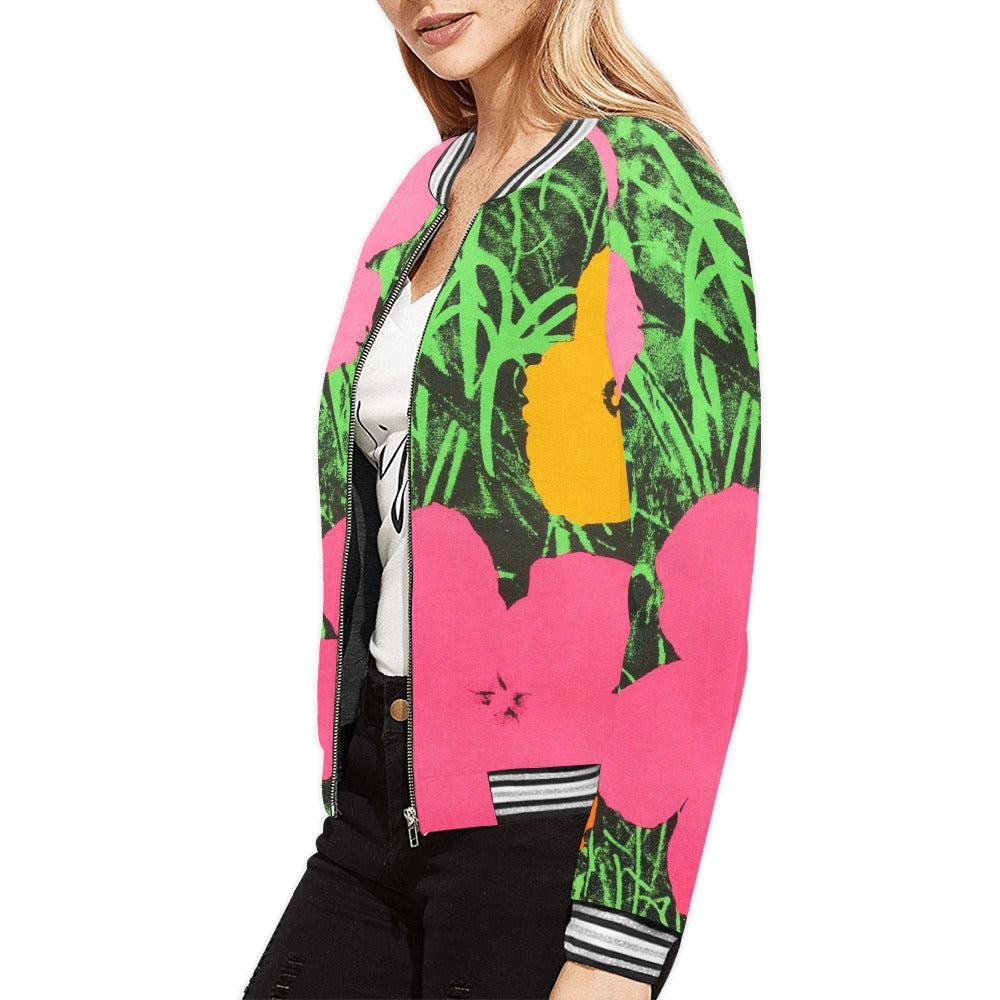 a woman wearing a pink and green jacket