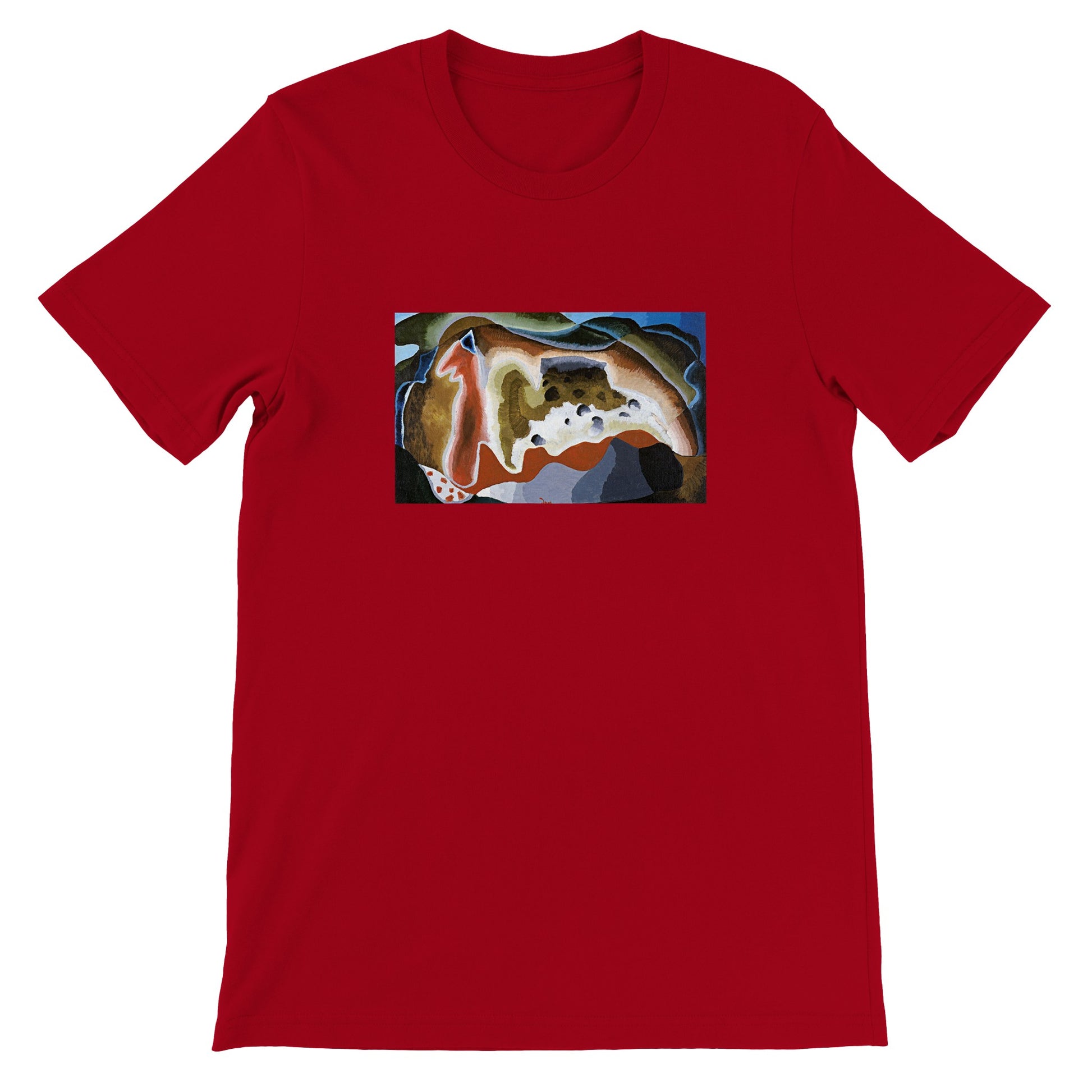 a red t - shirt with a painting on it