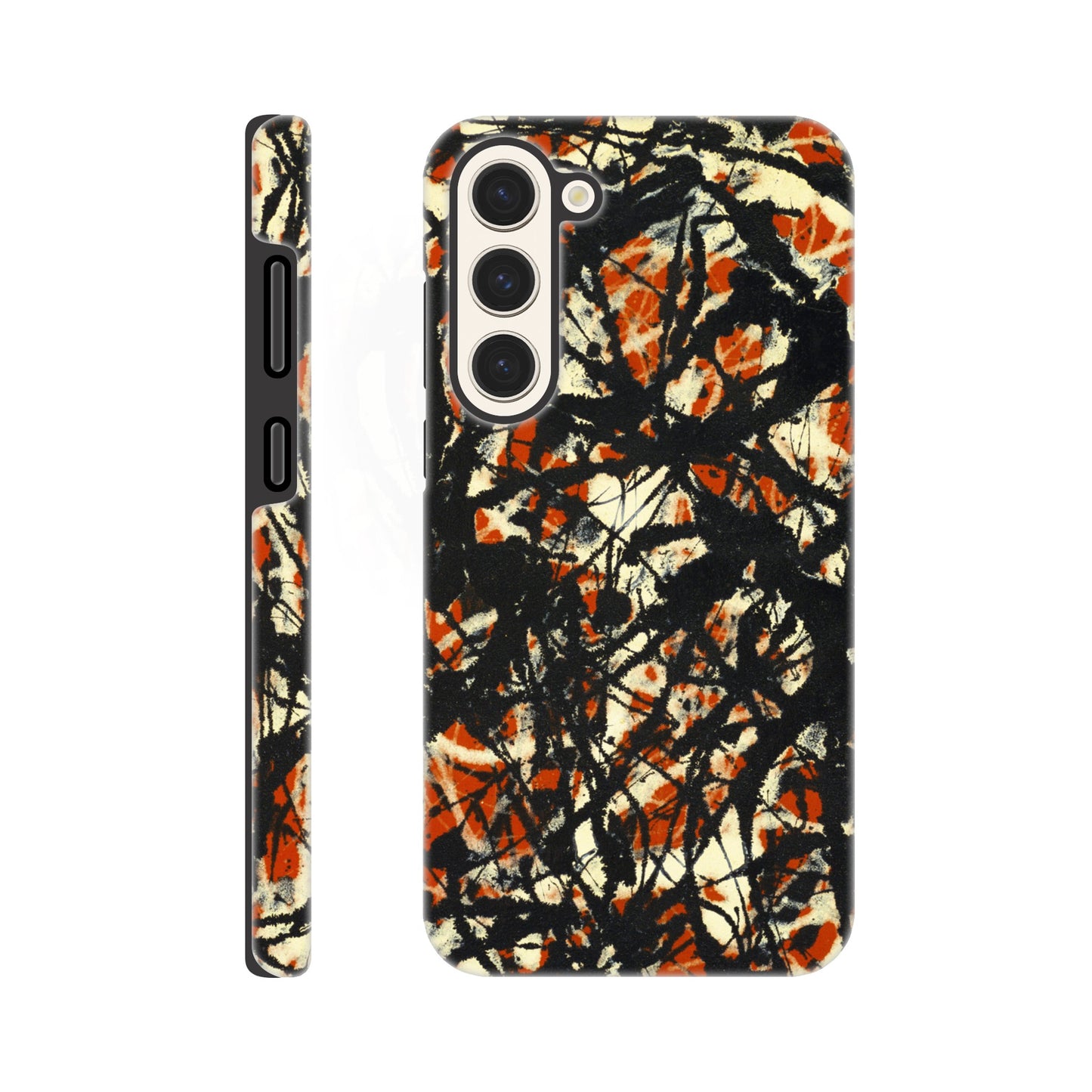 a phone case with a black and orange painting on it