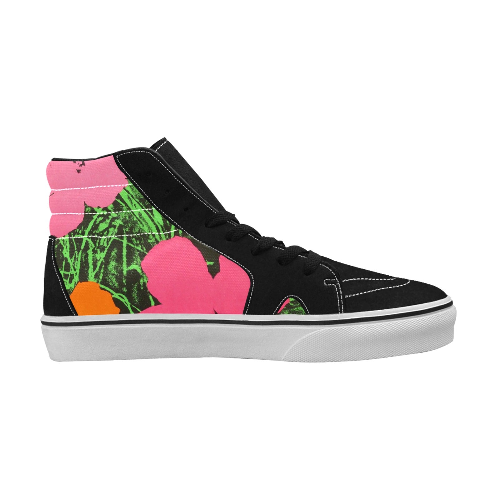 a pair of black and pink high top sneakers