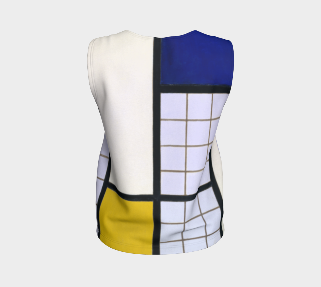 a white top with a blue and yellow design on it