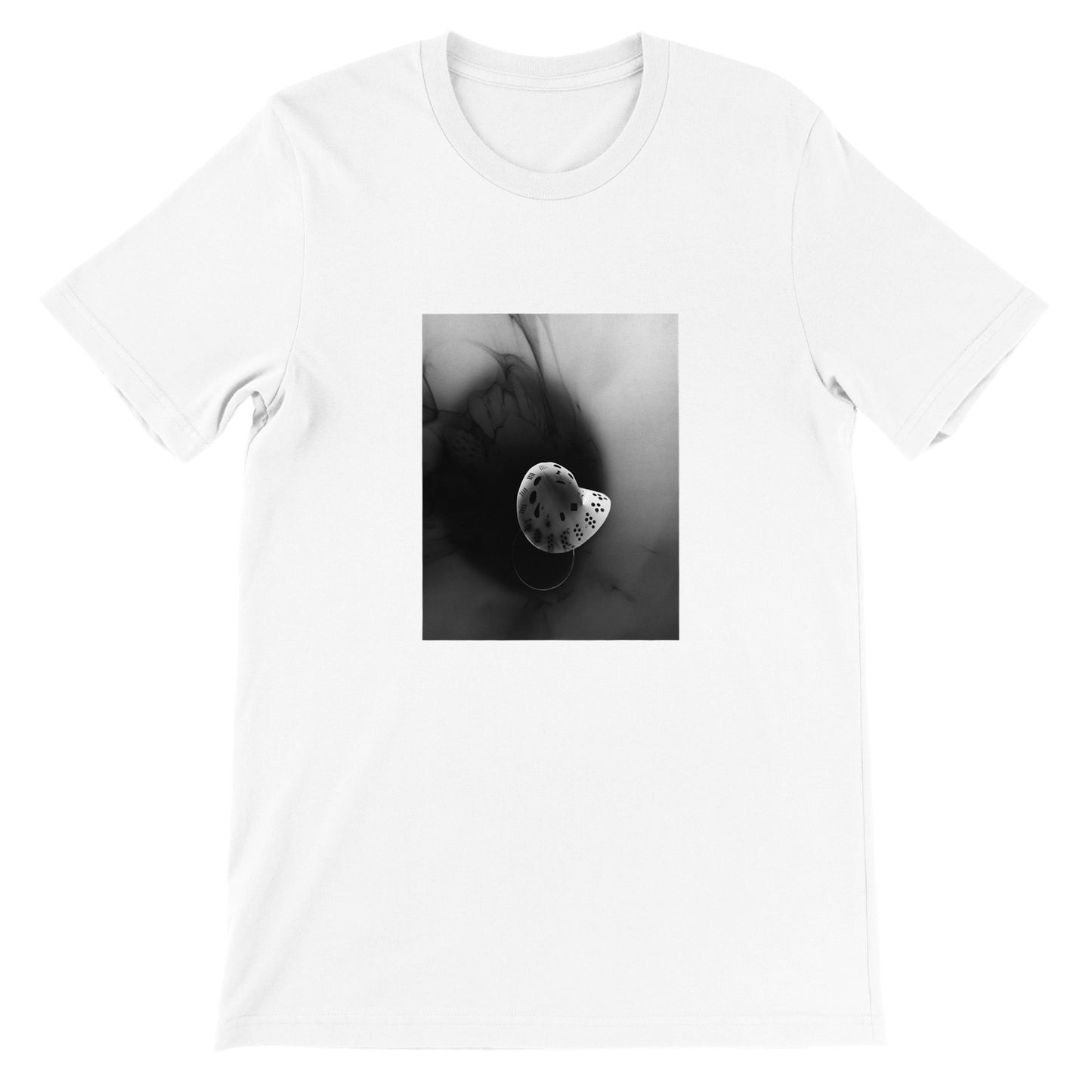 a white t - shirt with a black and white photo of a flower