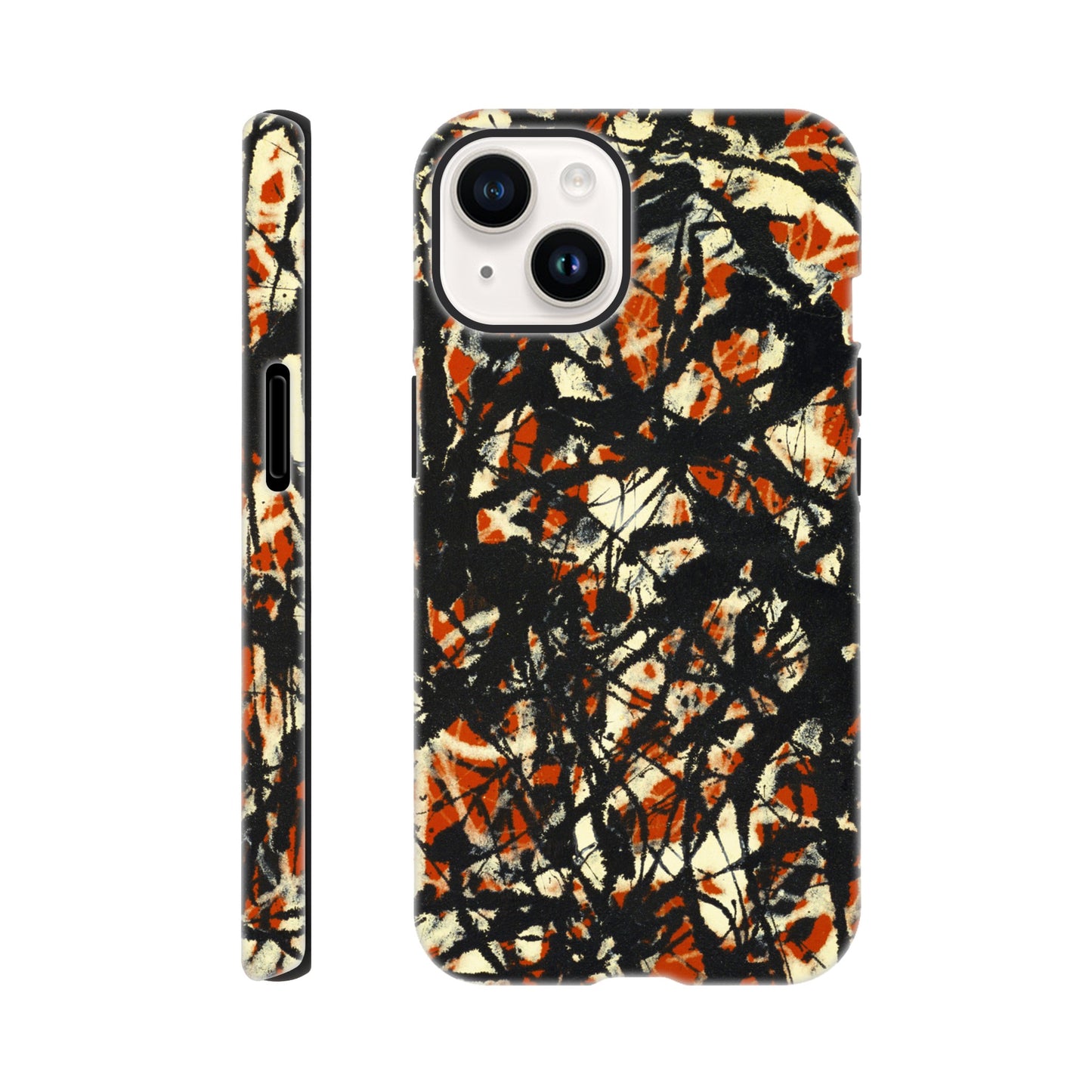 a phone case with an orange and black painting on it