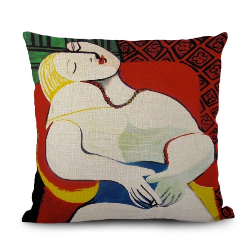 a pillow with a painting of a woman on it